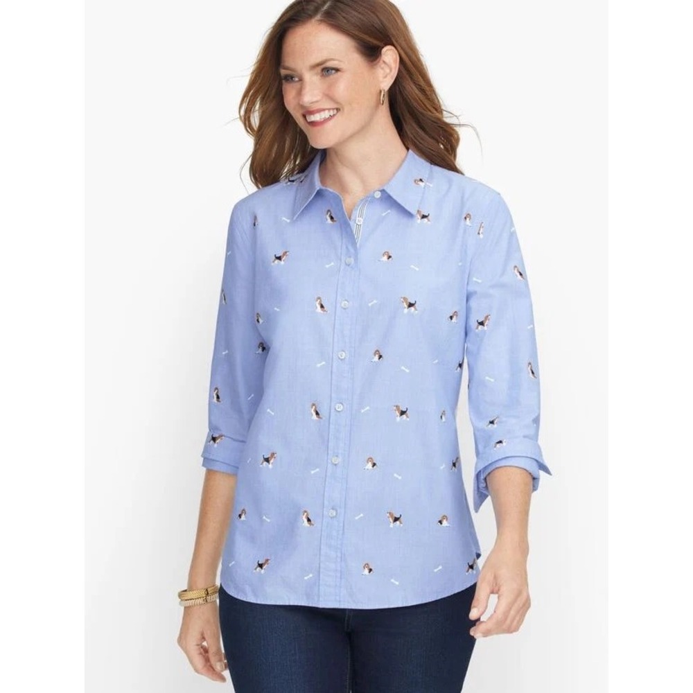 NEW Talbots Classic end on end beagle dog print cotton shirt Size S blue career